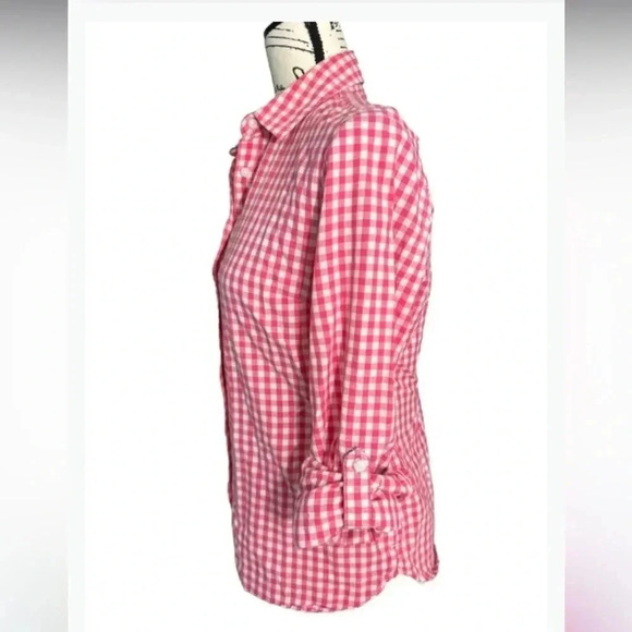 - TOMMY HILFIGER TOP BUTTON PINK & WHITE PLAID GINGHAM LONG SLEEVES SIZE SMALL - Picture 6 of 12